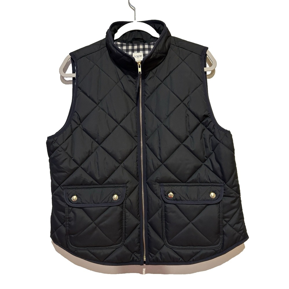 J Crew Womens Quilted Puffer Vest Size XL Black Preppy Gingham Lined Zip Up Warm